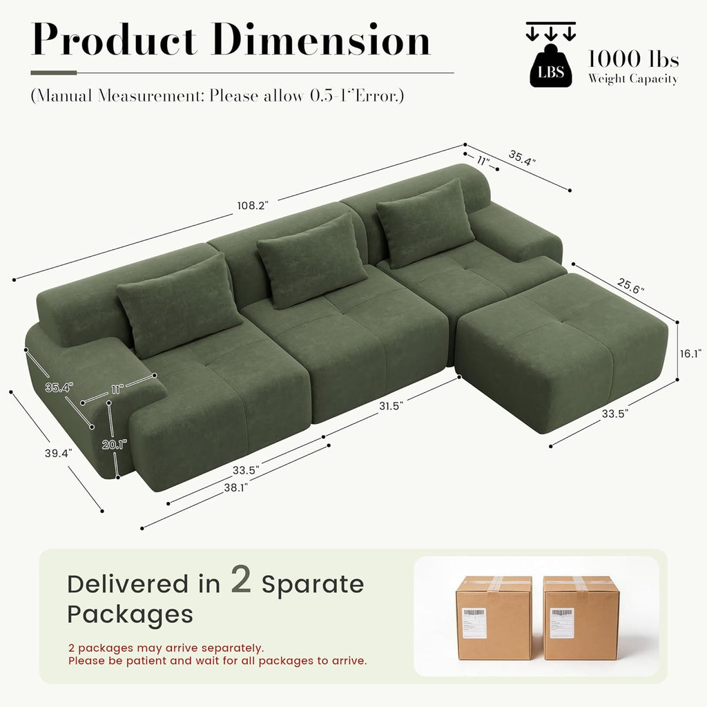 108'' Modular Sectional Boneless Sofa (green)