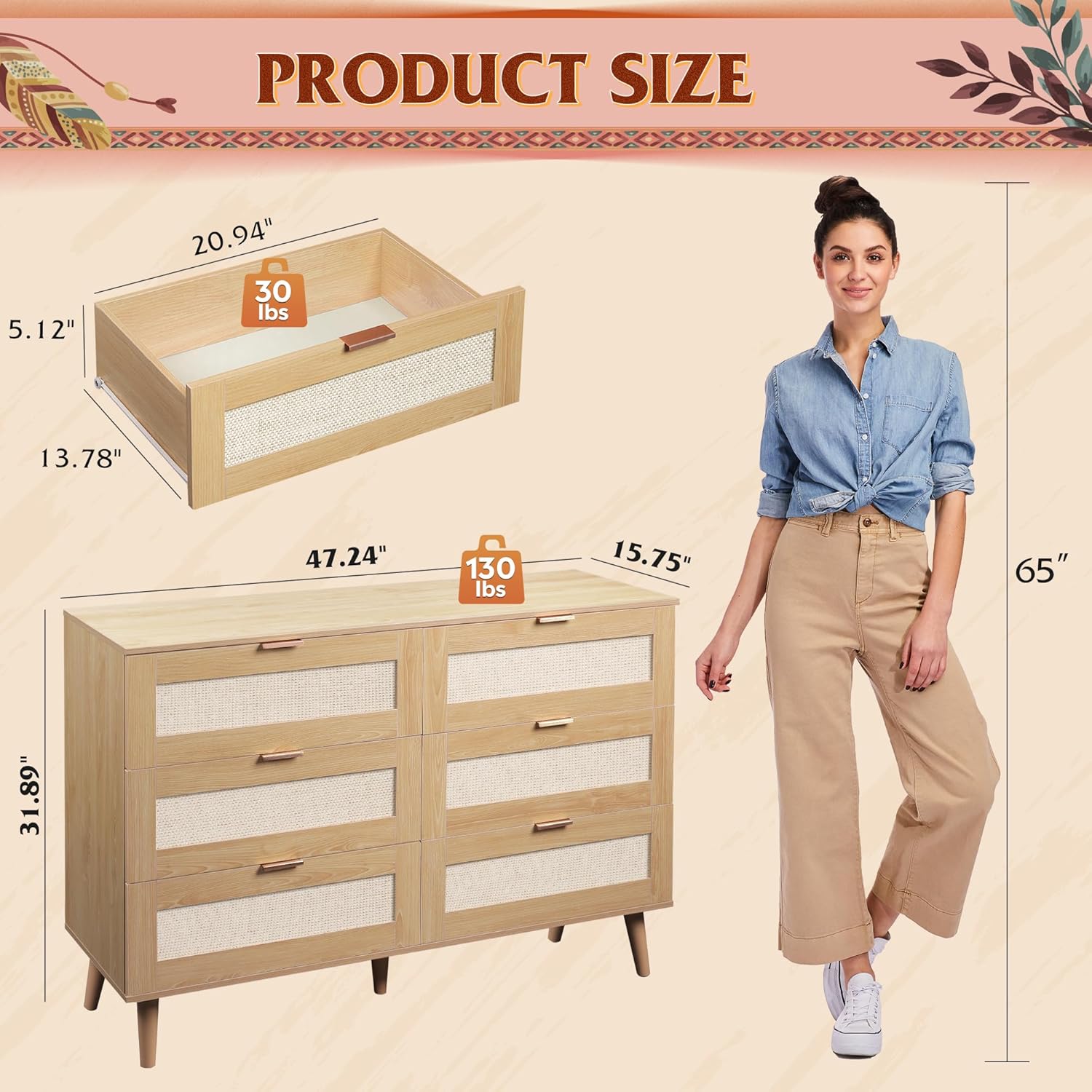6 Drawer Ratten Dresser ( Light Oak, White )