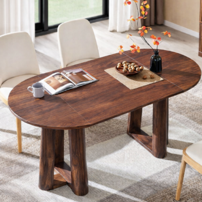 Wooden dining table with chairs in a modern living room setting
