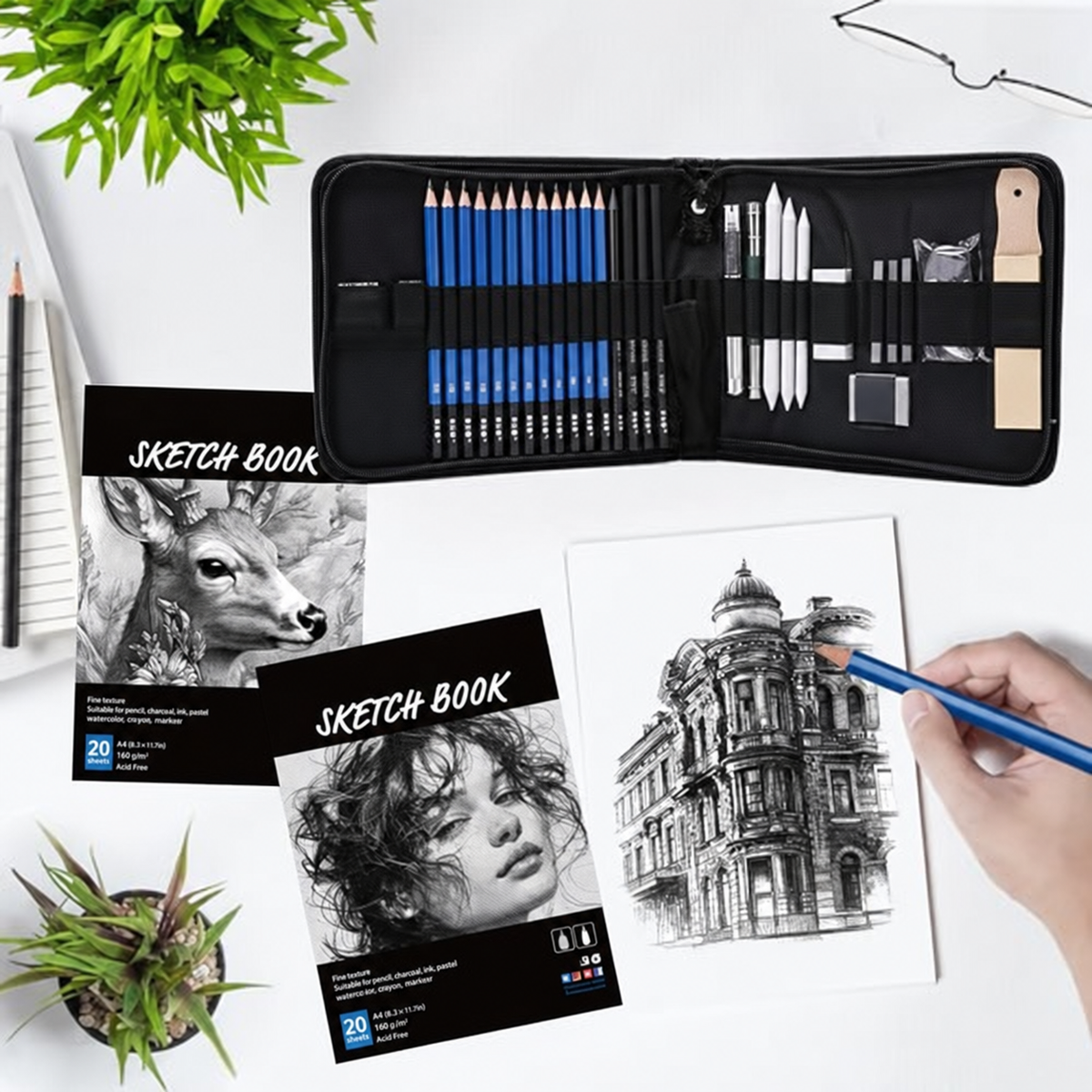 36 Pack Drawing Set Sketch Kit,Sketching Supplies with 2 sketch pad, Graphite Pencils, Charcoal Sticks, Eraser, Pro Art Drawing Kit for Artists Beginner Adults, Ideal for Shading, Blending