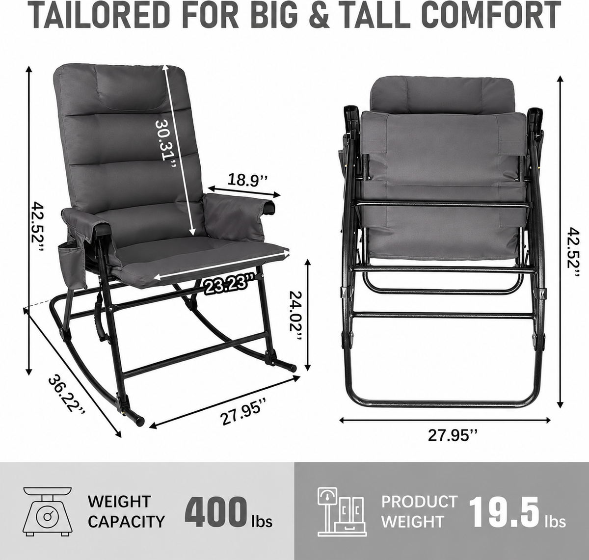 Rocking Camping Chair - Supports 400 LBS Heavy Folding Lawn Chair