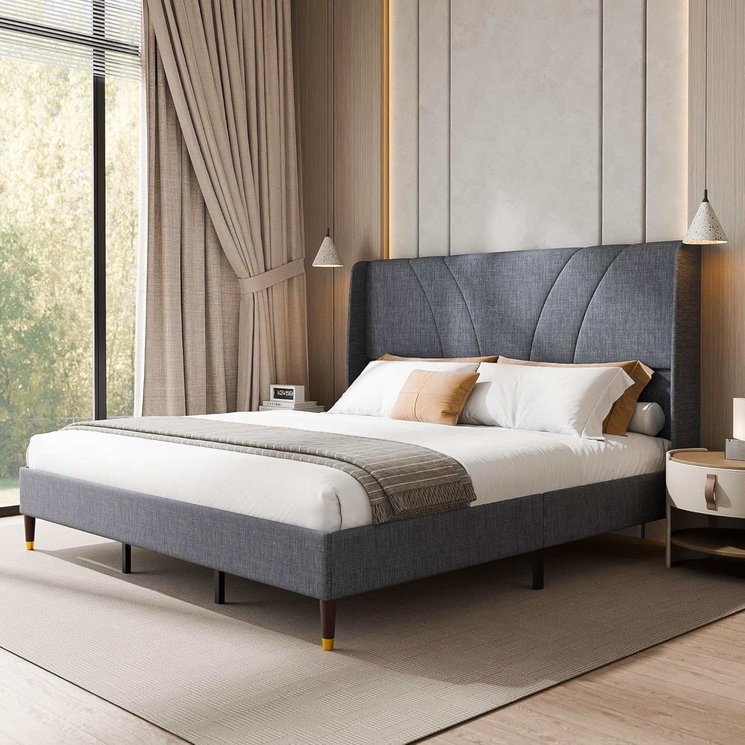 Full Bed Frame Upholstered Platform Full Size Bed Frame with Adjustable Headboard, Strong Weight Capacity, No Box Spring Needed, Easy Assembly, Grey