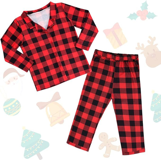 Kids Matching Christmas Pajamas Sets Buffalo Plaid Family Pajamas Long Sleeve Button Plaid Loungewear Jammies