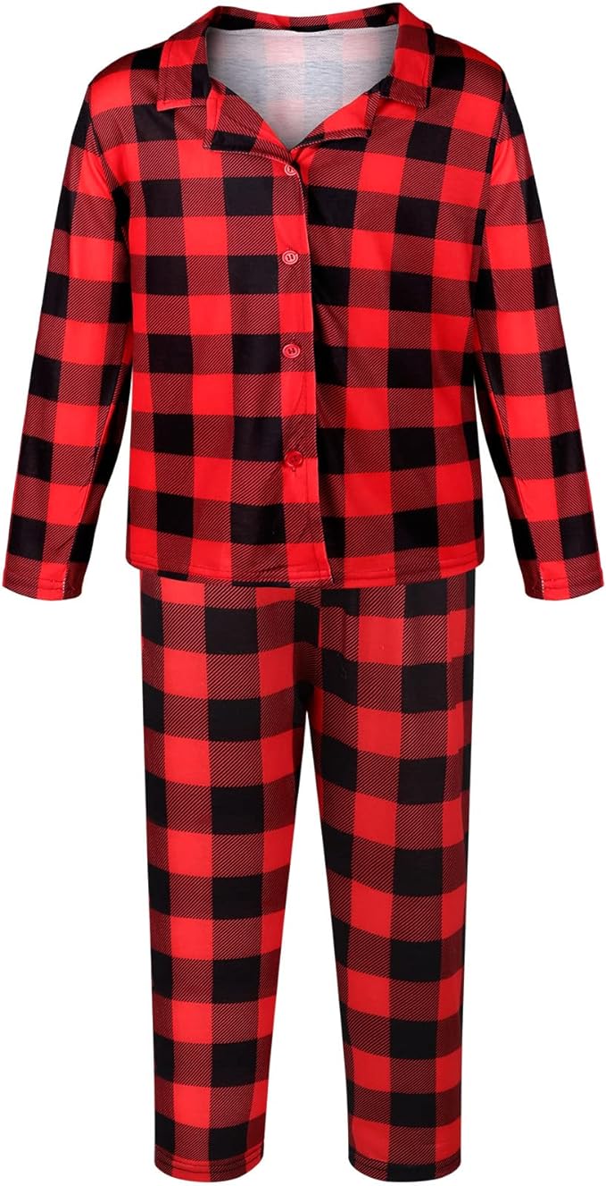 Kids Matching Christmas Pajamas Sets Buffalo Plaid Family Pajamas Long Sleeve Button Plaid Loungewear Jammies