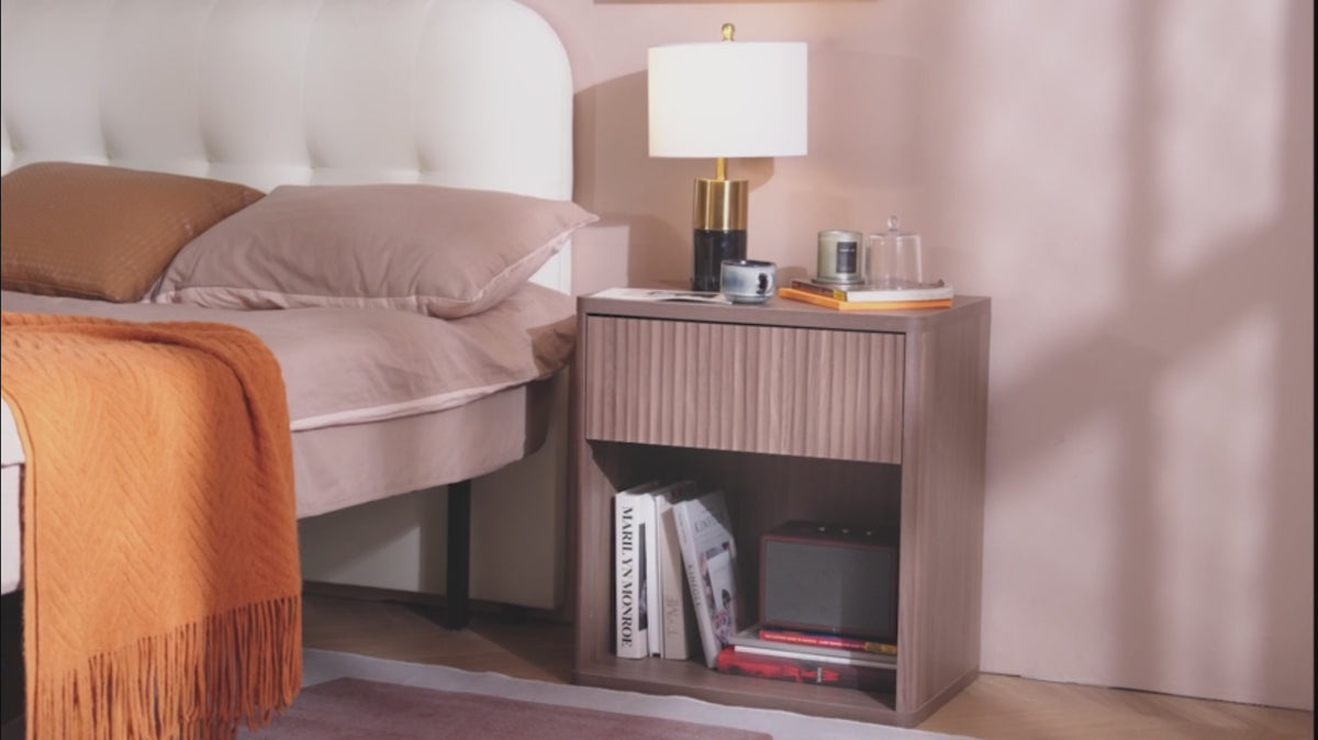 Wood Night Stand, Fluted Nightstands Sets of 2 with Drawers, Greige | Farmhouse Night Stand Set 2 with Open Shelf, 23.62''Wide Bedside Table with Waterproof Top, Side Tables Bedroom, Dorm, Closet