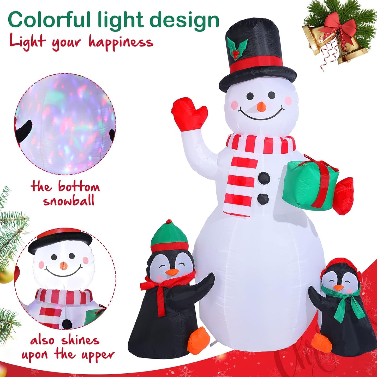 6 Feet Christmas Inflatable Snowman and Penguins Colorful Rotating Led Lights Blow up Outdoor