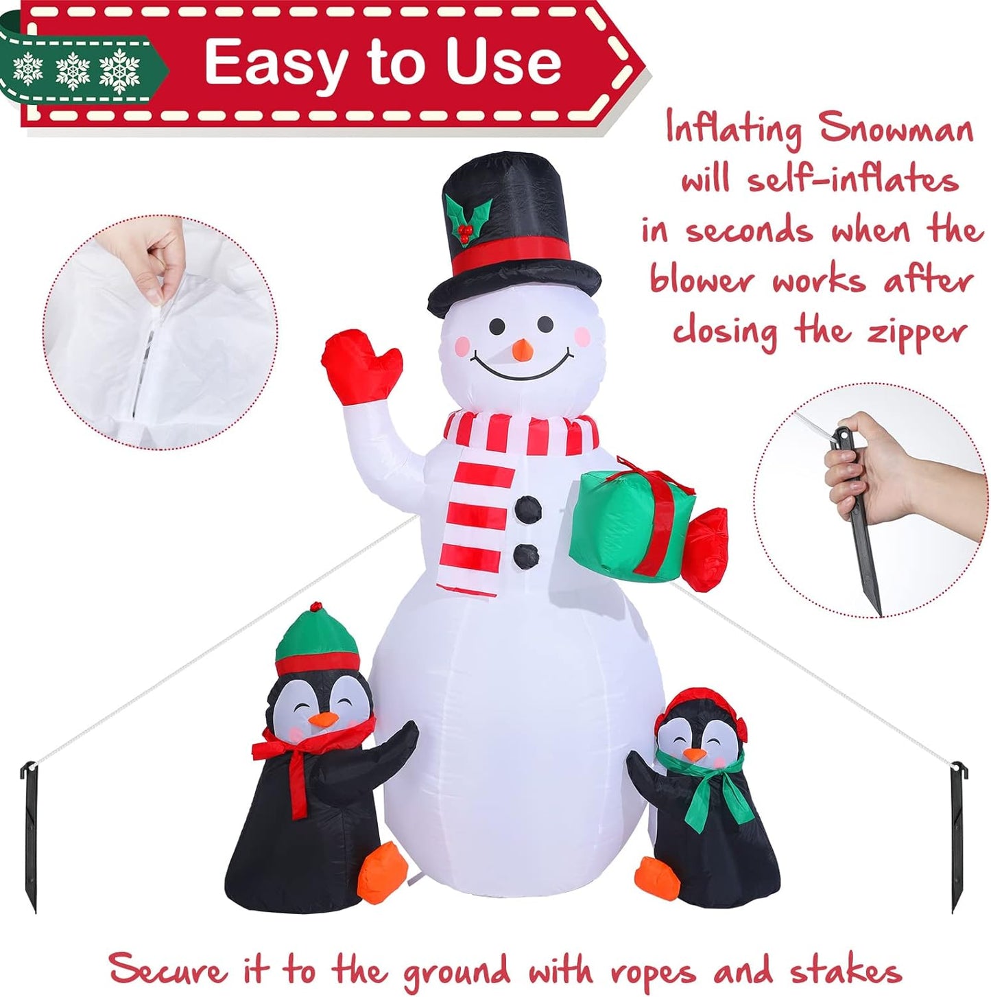 6 Feet Christmas Inflatable Snowman and Penguins Colorful Rotating Led Lights Blow up Outdoor