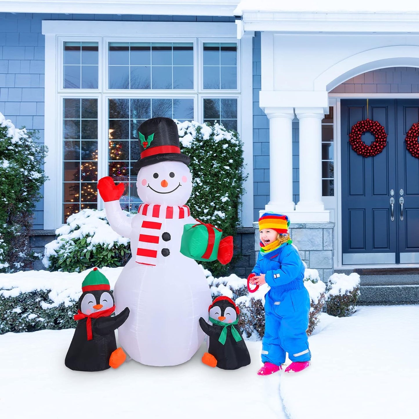 6 Feet Christmas Inflatable Snowman and Penguins Colorful Rotating Led Lights Blow up Outdoor