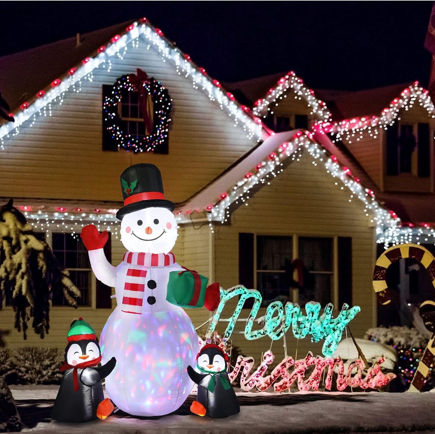 6 Feet Christmas Inflatable Snowman and Penguins Colorful Rotating Led Lights Blow up Outdoor