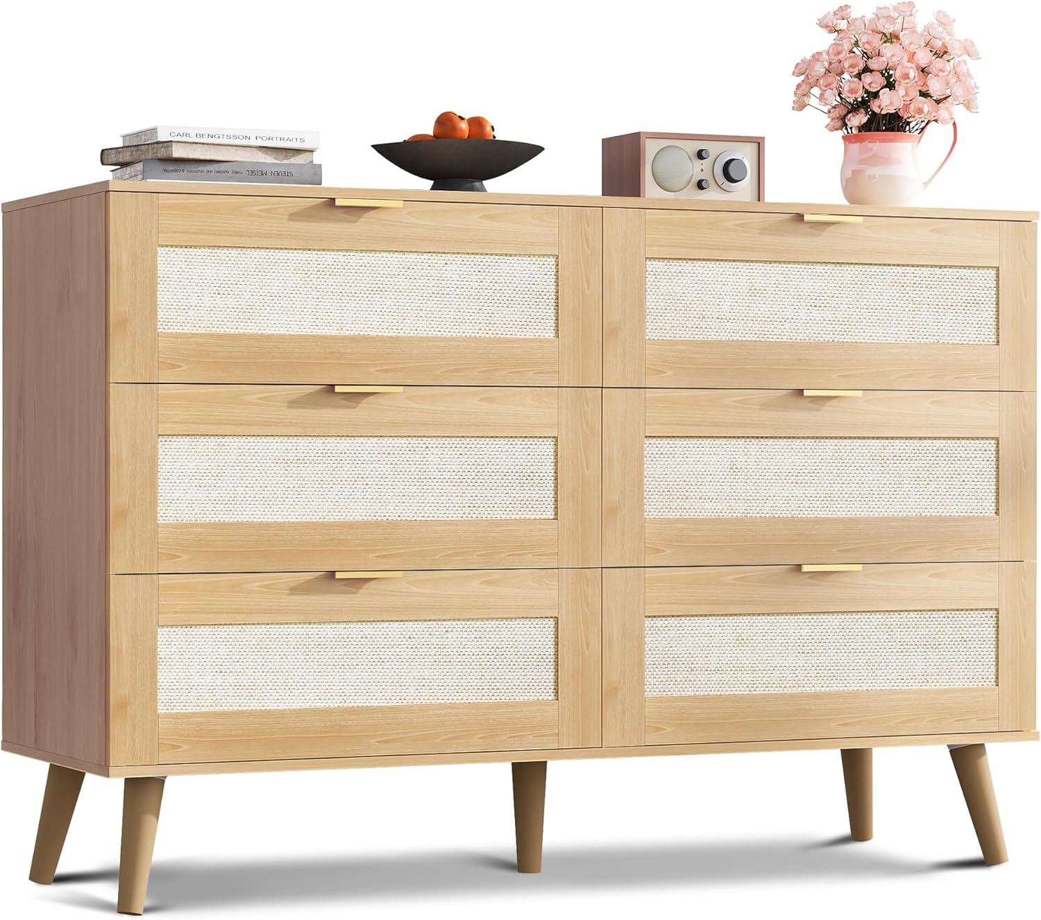 6 Drawer Ratten Dresser ( Light Oak, White )