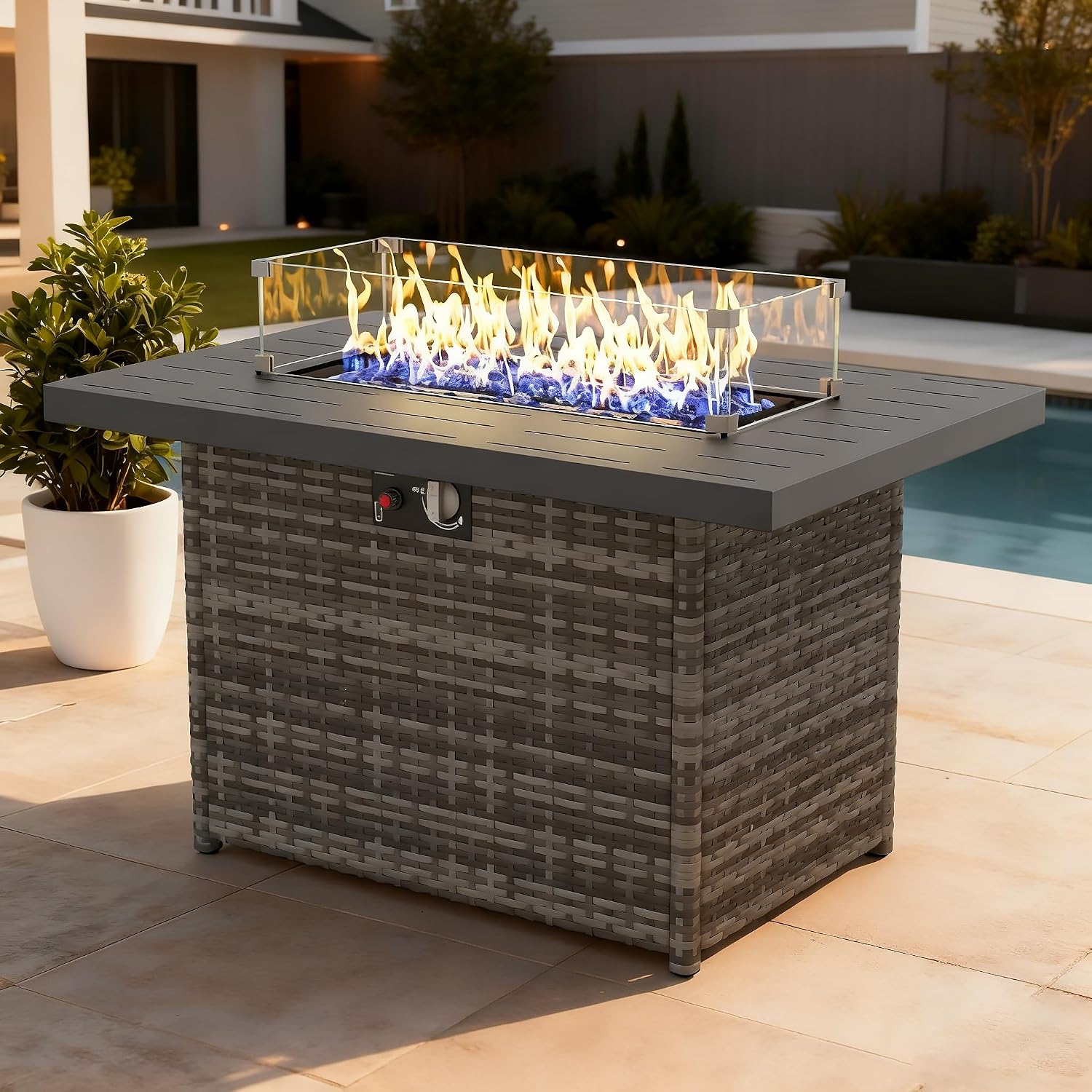Propane Fire Pit Table, 44 Outdoor Gas Fire Pit with Glass Wind Guard & Waterproof Cover
