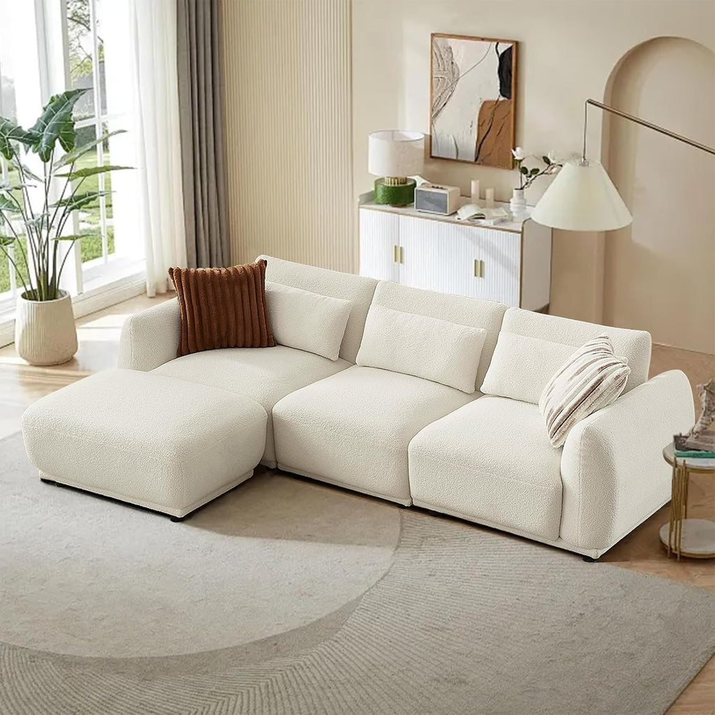 Boucle Sectional Couches for Living Room, L Shape Sofa with Removable Ottoman