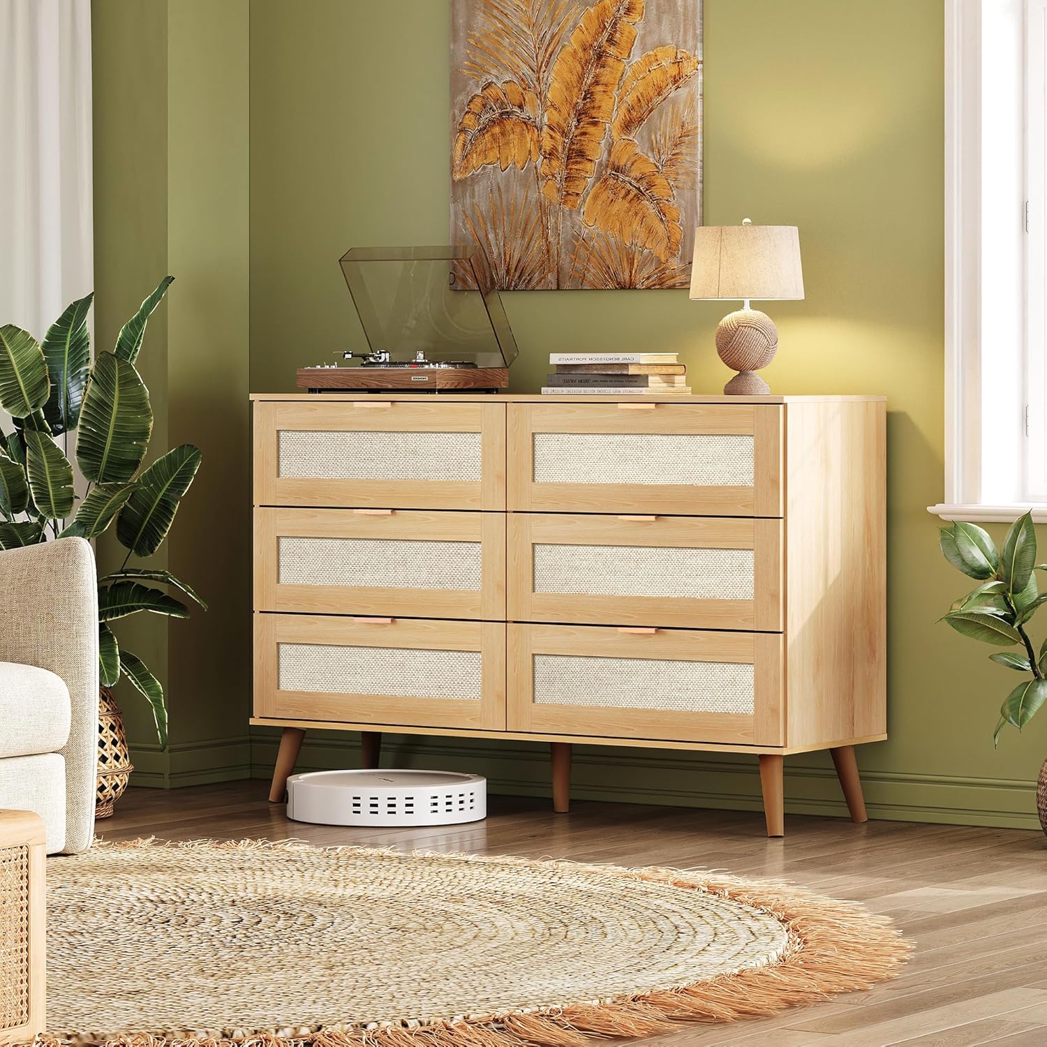6 Drawer Ratten Dresser ( Light Oak, White )