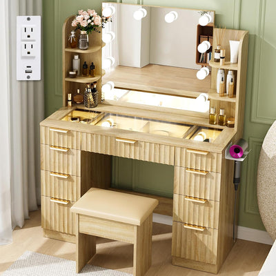 VOWNER Fluted Vanity with Mirror and Lights, 43" Glass Top Makeup Vanity Desk