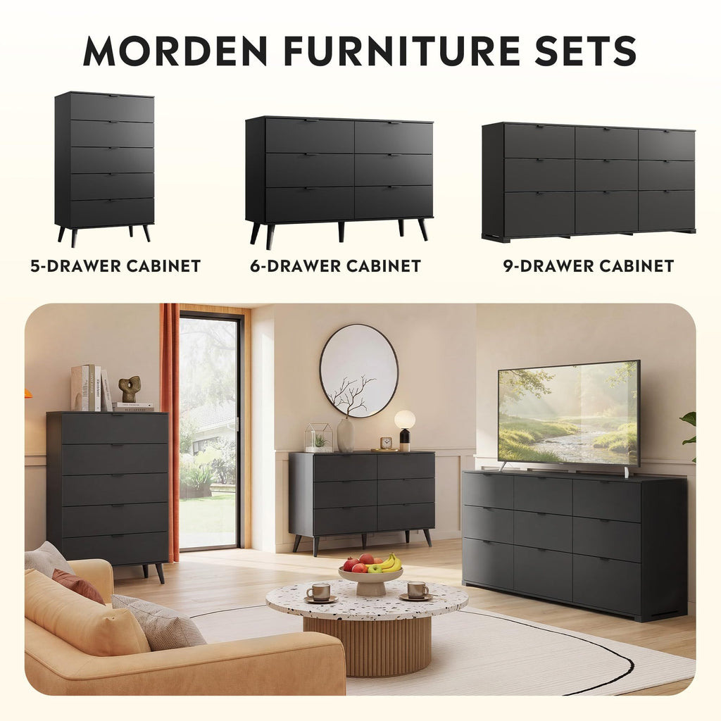 6-Drawer Moden TV Stand, Black Tall TV Console Fits Up to 55" TV Modern TV Stand with Sturdy Metal Handles, Storage Cabinet for Living Room & Office