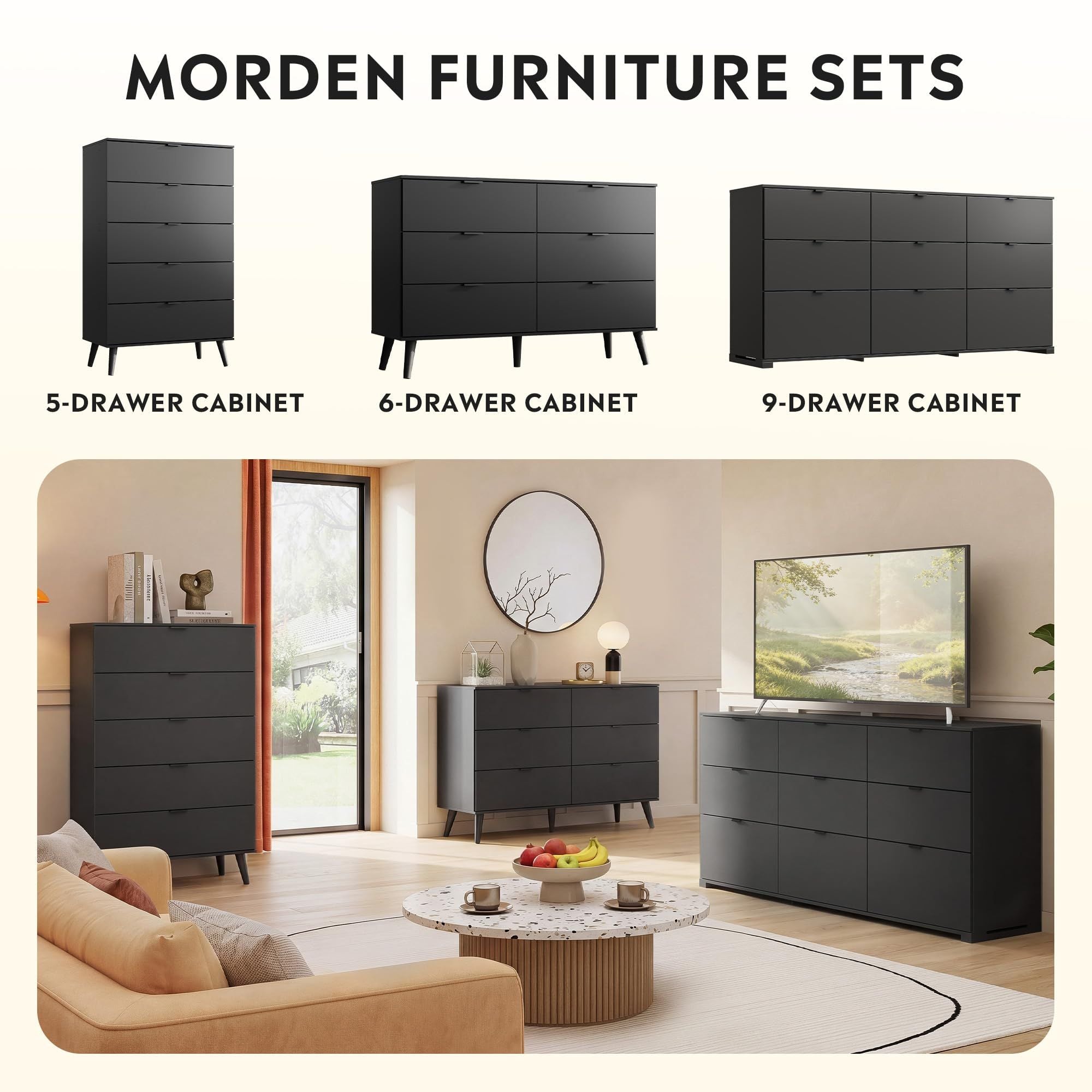 6-Drawer Moden TV Stand, Black Tall TV Console Fits Up to 55" TV Modern TV Stand with Sturdy Metal Handles, Storage Cabinet for Living Room & Office
