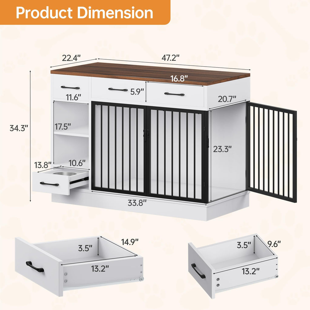 Large Dog Crate Furniture, 47.2'' Dog Kennel Indoor with 3 Storage Drawers and Hidden Feeding Bowl, Sturdy Wooden Dog Crate with 2 Doors and Adjustable Shelf for Small, Medium Dogs