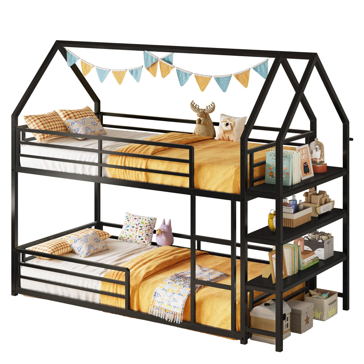 Twin Over Twin Bunk Bed with 3-Tier Storage Bookshelf, Metal House Bed with Ladder & Safety Guardrail, Space Saving, No Box Spring Needed, Black