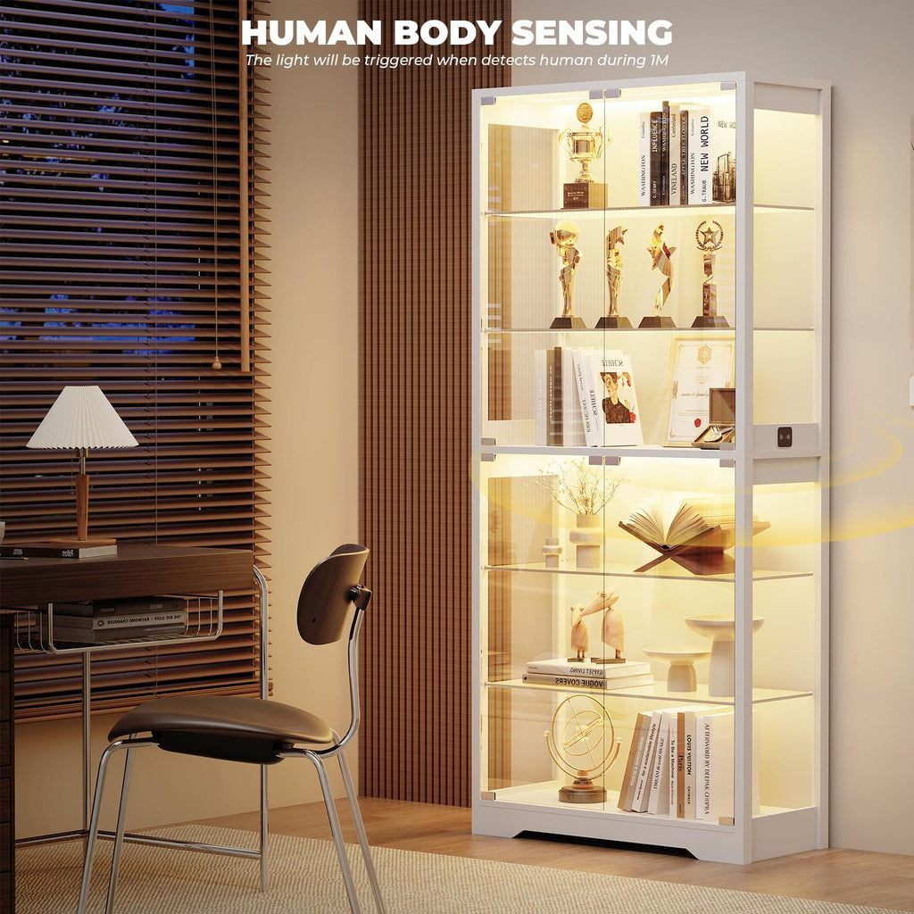 71" Tall Display Cabinet with Glass Doors, 6-Tier Shelves & 3-Color Lights, White