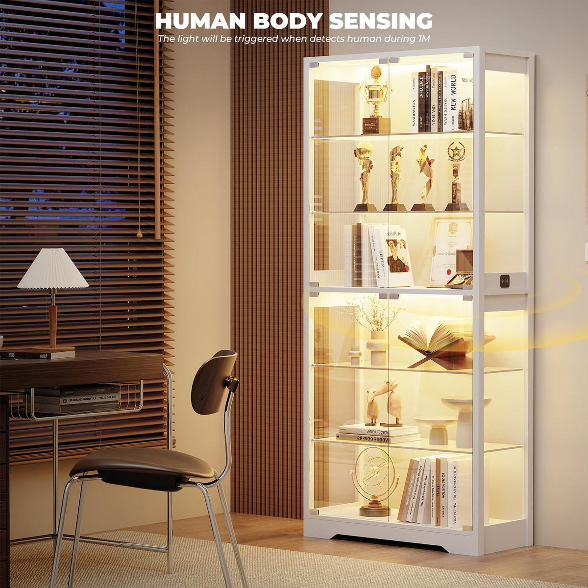 71" Tall Display Cabinet with Glass Doors, 6-Tier Shelves & 3-Color Lights, White