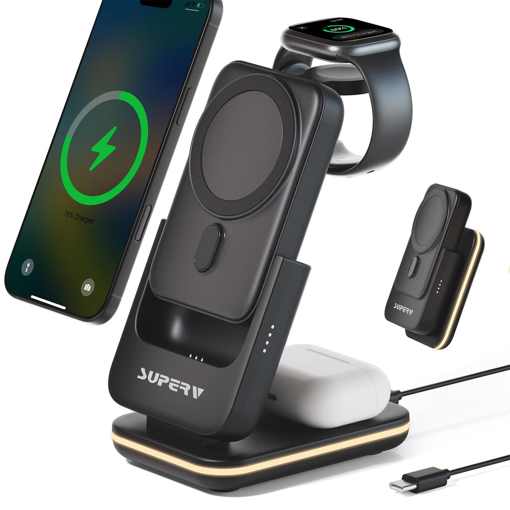 4 in 1 Wireless Charging Station: 5000mAh Removable Power Bank Foldable Charging Stand - Portable Magnetic Battery Pack for iPhone 17/16/15/14/13/12 Series and Apple Watch/AirPods (Black)