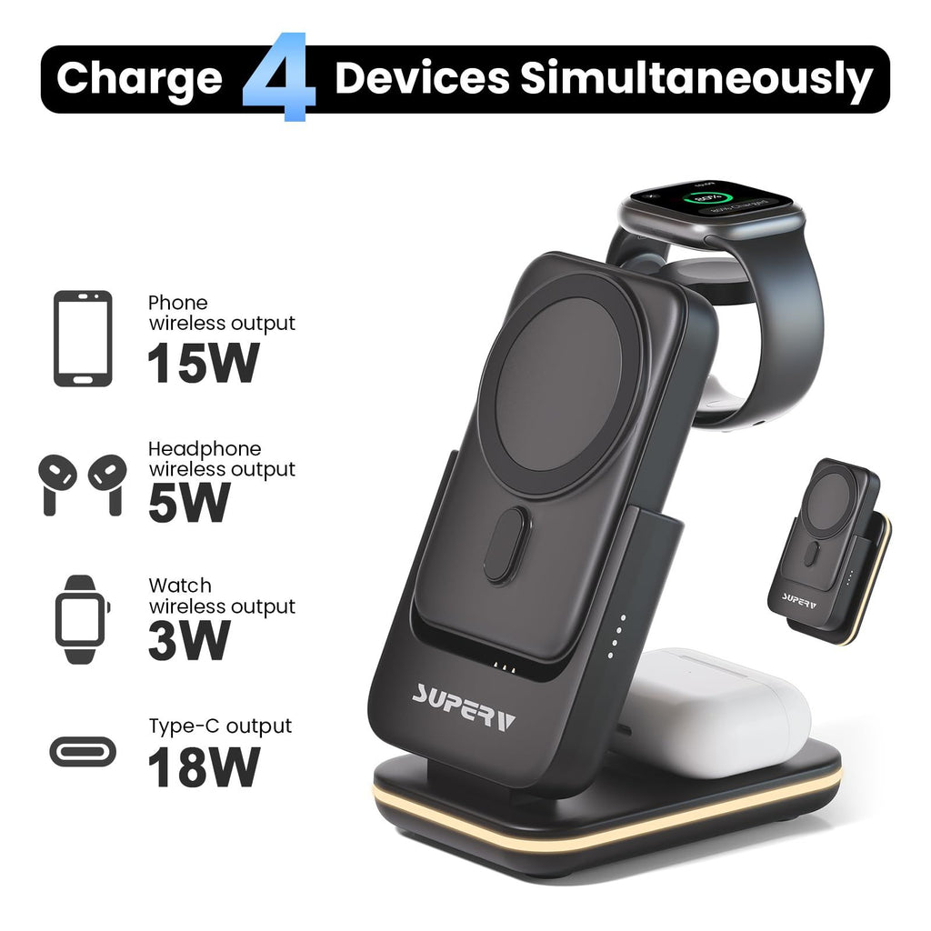 4 in 1 Wireless Charging Station: 5000mAh Removable Power Bank Foldable Charging Stand - Portable Magnetic Battery Pack for iPhone 17/16/15/14/13/12 Series and Apple Watch/AirPods (Black)