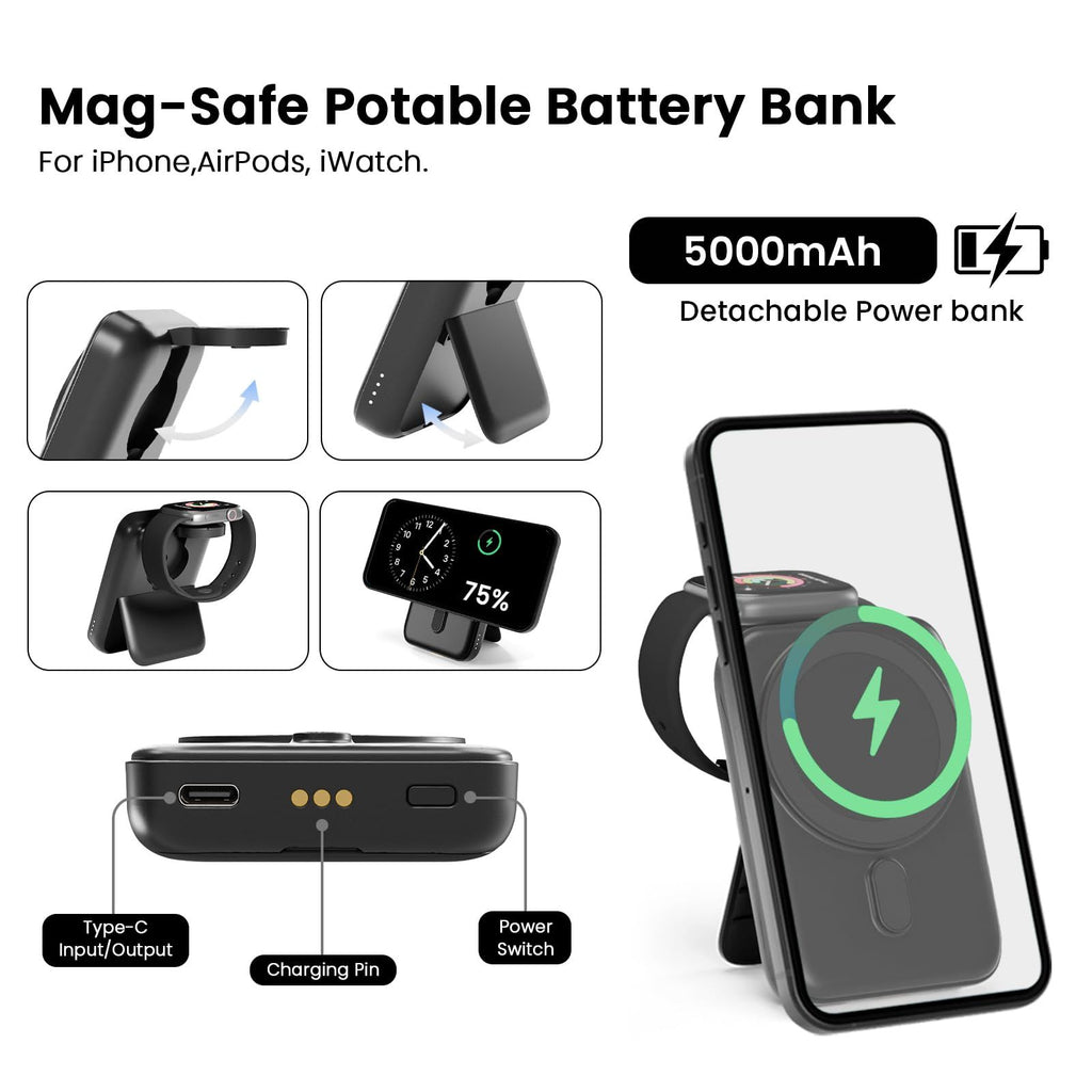 4 in 1 Wireless Charging Station: 5000mAh Removable Power Bank Foldable Charging Stand - Portable Magnetic Battery Pack for iPhone 17/16/15/14/13/12 Series and Apple Watch/AirPods (Black)