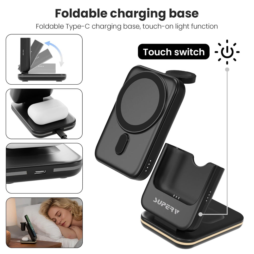 4 in 1 Wireless Charging Station: 5000mAh Removable Power Bank Foldable Charging Stand - Portable Magnetic Battery Pack for iPhone 17/16/15/14/13/12 Series and Apple Watch/AirPods (Black)