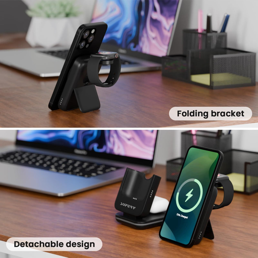 4 in 1 Wireless Charging Station: 5000mAh Removable Power Bank Foldable Charging Stand - Portable Magnetic Battery Pack for iPhone 17/16/15/14/13/12 Series and Apple Watch/AirPods (Black)