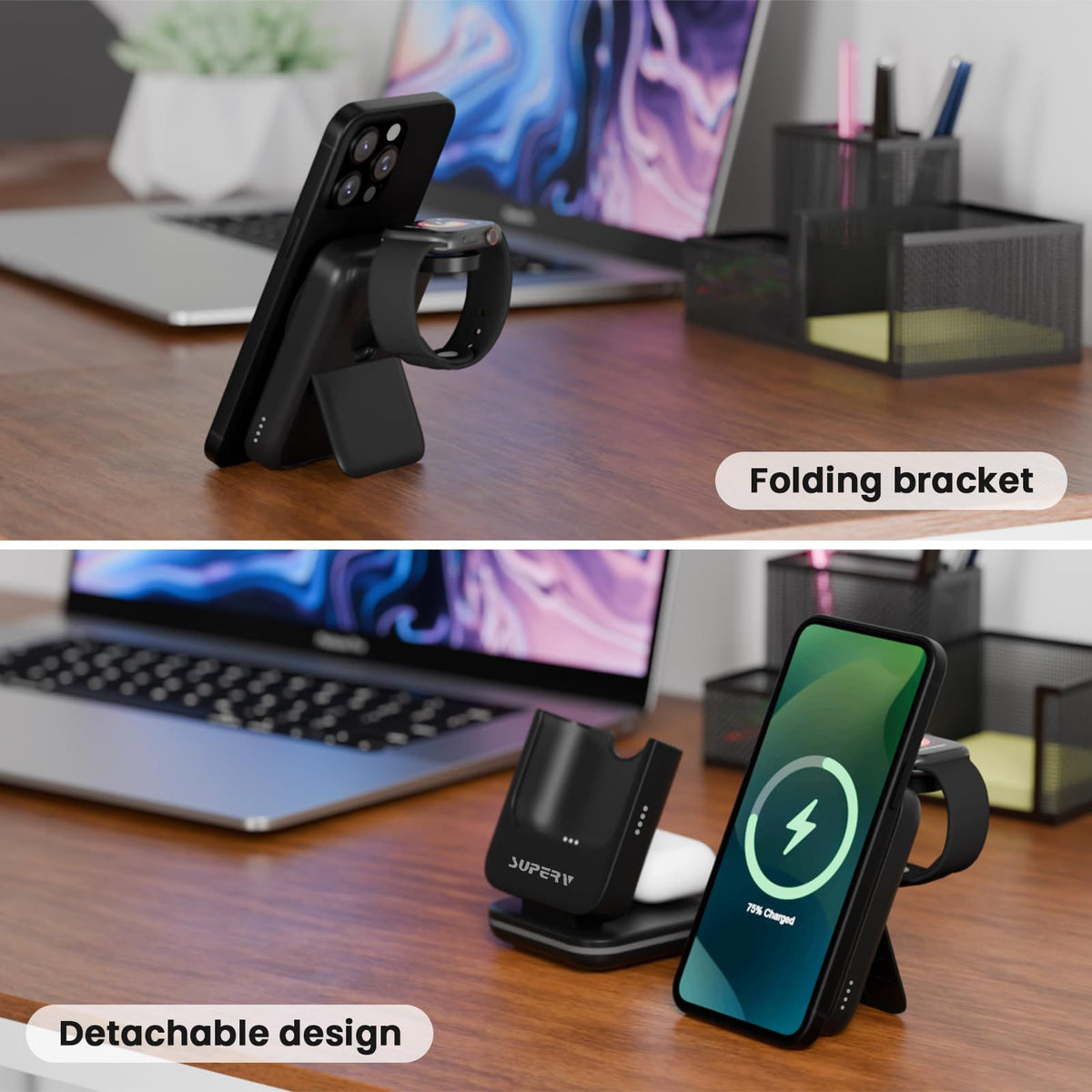 4 in 1 Wireless Charging Station: 5000mAh Removable Power Bank Foldable Charging Stand - Portable Magnetic Battery Pack for iPhone 17/16/15/14/13/12 Series and Apple Watch/AirPods (Black)