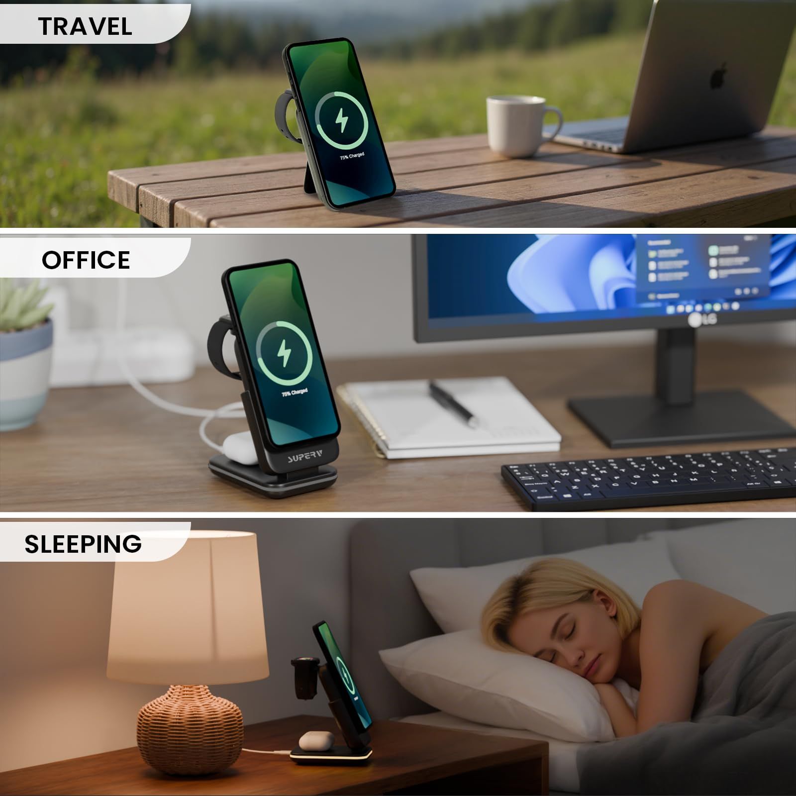 4 in 1 Wireless Charging Station: 5000mAh Removable Power Bank Foldable Charging Stand - Portable Magnetic Battery Pack for iPhone 17/16/15/14/13/12 Series and Apple Watch/AirPods (Black)