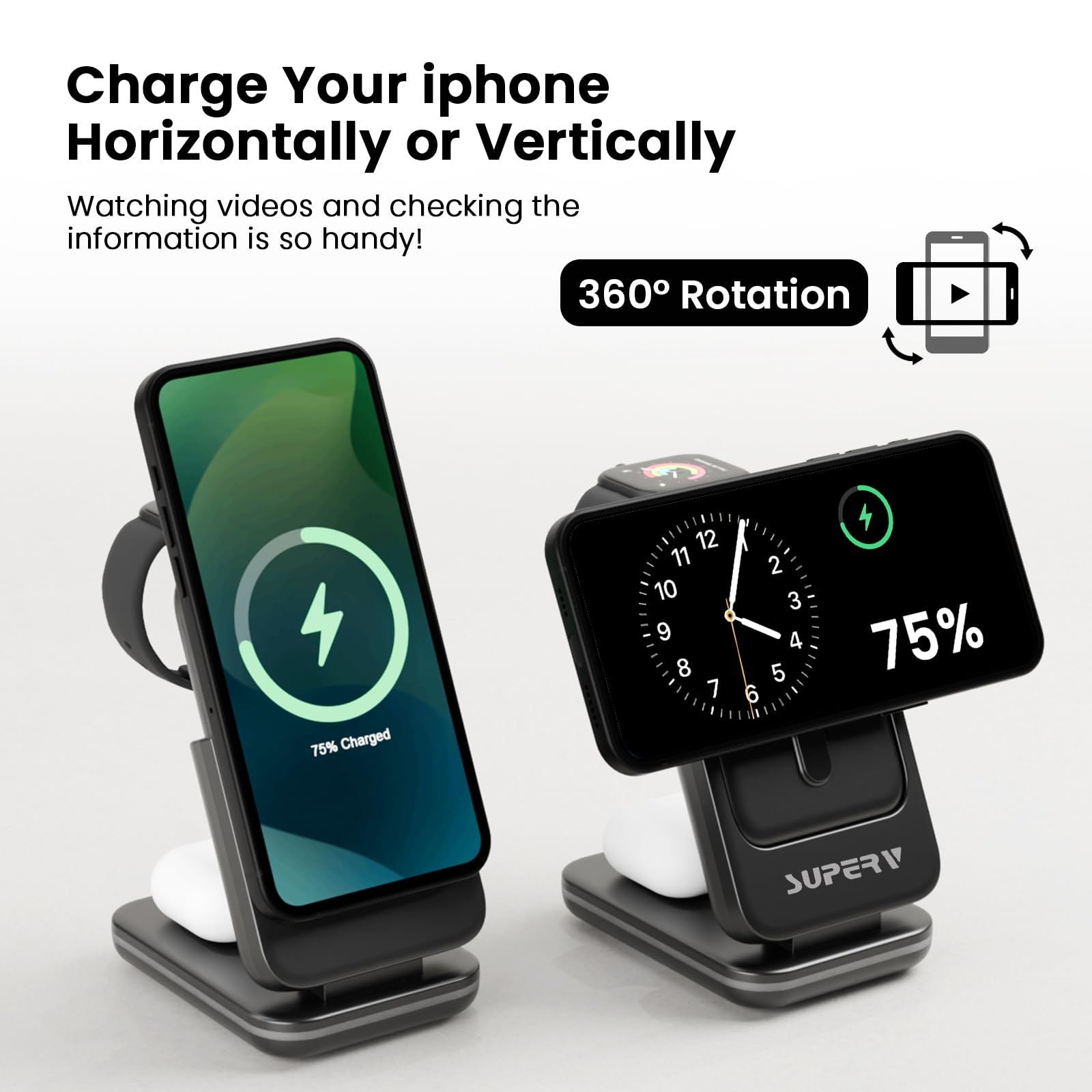 4 in 1 Wireless Charging Station: 5000mAh Removable Power Bank Foldable Charging Stand - Portable Magnetic Battery Pack for iPhone 17/16/15/14/13/12 Series and Apple Watch/AirPods (Black)