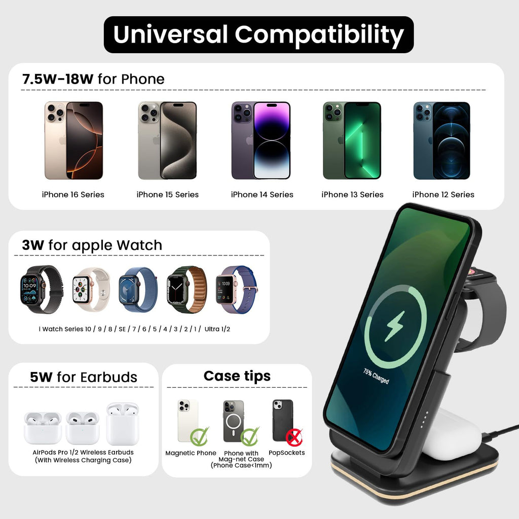 4 in 1 Wireless Charging Station: 5000mAh Removable Power Bank Foldable Charging Stand - Portable Magnetic Battery Pack for iPhone 17/16/15/14/13/12 Series and Apple Watch/AirPods (Black)