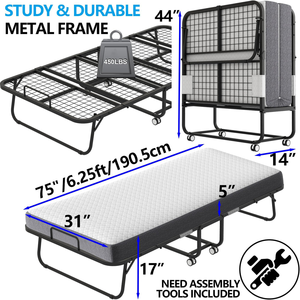 Folding Bed with 5" Memory Foam Mattress, 75" x 31", Portable Rollaway Guest Bed with Lockable Wheels
