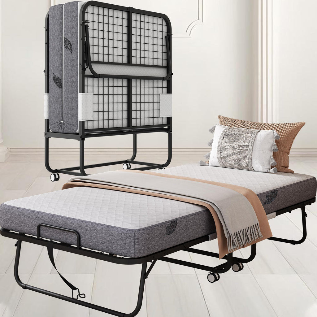 Folding Bed with 5" Memory Foam Mattress, 75" x 31", Portable Rollaway Guest Bed with Lockable Wheels