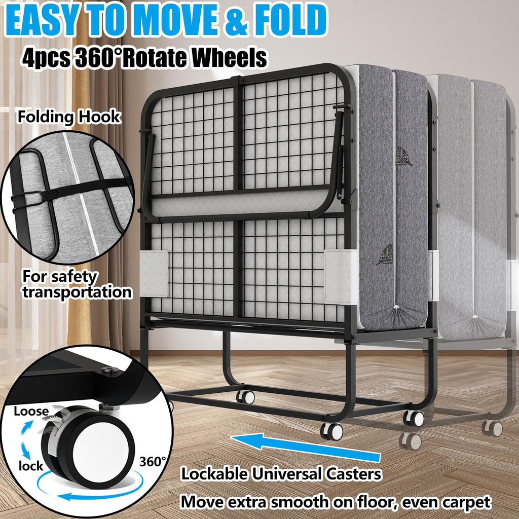 Folding Bed with 5" Memory Foam Mattress, 75" x 31", Portable Rollaway Guest Bed with Lockable Wheels