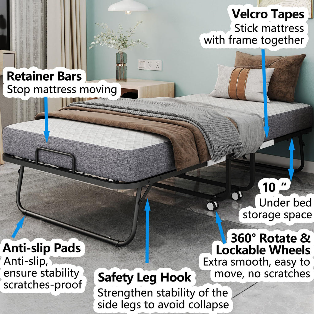 Folding Bed with 5" Memory Foam Mattress, 75" x 31", Portable Rollaway Guest Bed with Lockable Wheels