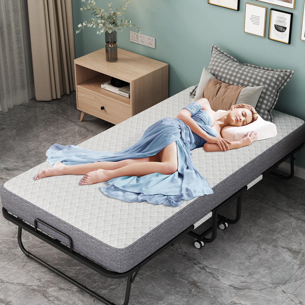 Folding Bed with 5" Memory Foam Mattress, 75" x 31", Portable Rollaway Guest Bed with Lockable Wheels