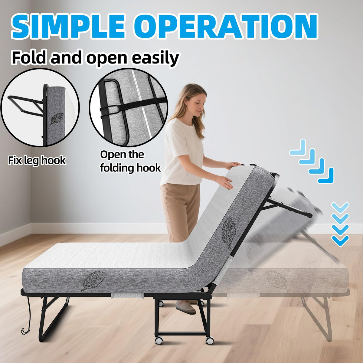 Folding Bed with 5" Memory Foam Mattress, 75" x 31", Portable Rollaway Guest Bed with Lockable Wheels