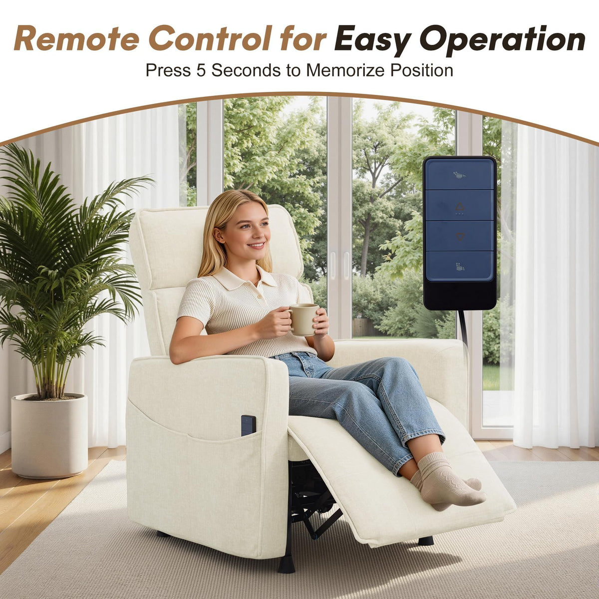 Electric Recliner Chair with Remote Control, Memory Function & Side Pockets – Beige