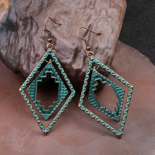 D1E02 Teal Diamond Shape Bohemian Style Earrings