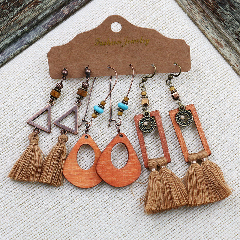 LE03 Wooden Tribal Style Boho Earrings Lightweight