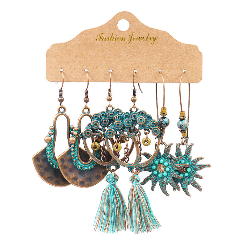 Teal Vintage Boho Drop Dangle Earrings 3 Pairs Set BE03