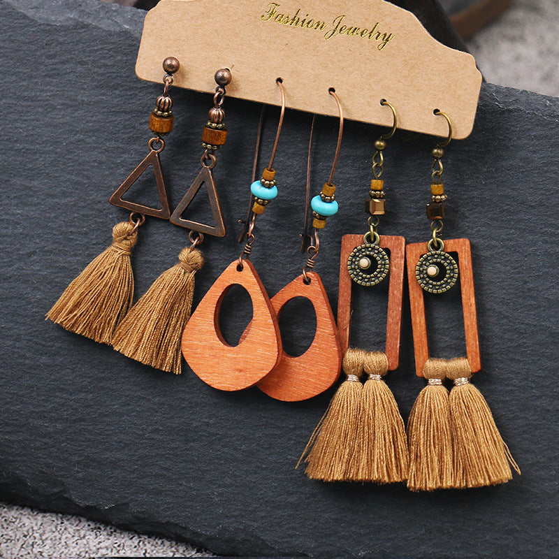 LE03 Wooden Tribal Style Boho Earrings Lightweight