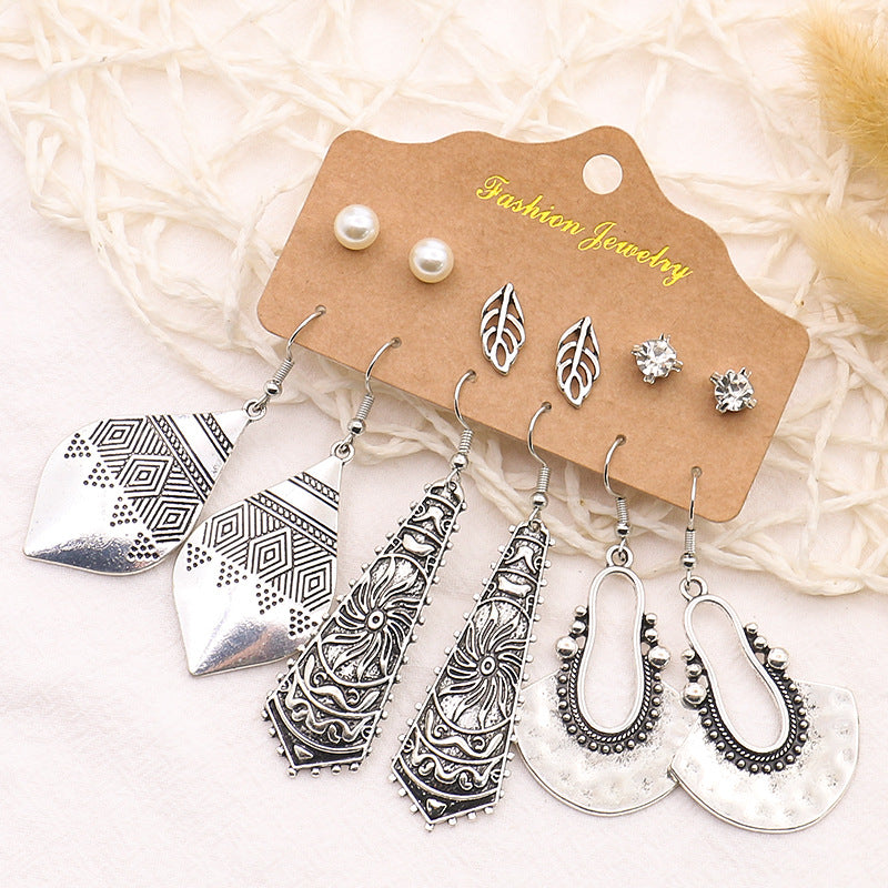 6 Pairs Silver Boho Vintage Style Earrings Set 6SE