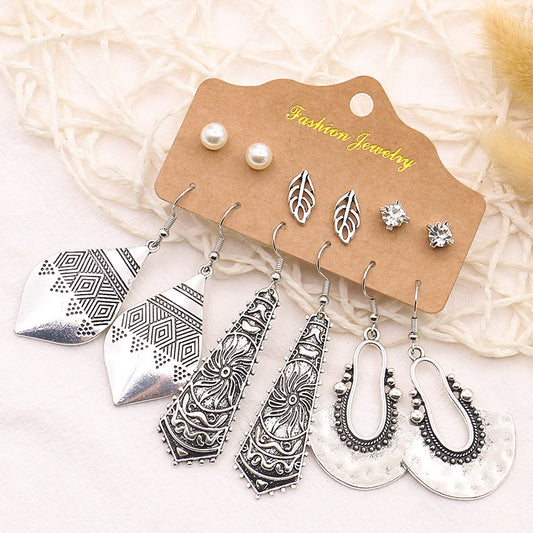 6 Pairs Silver Boho Vintage Style Earrings Set 6SE