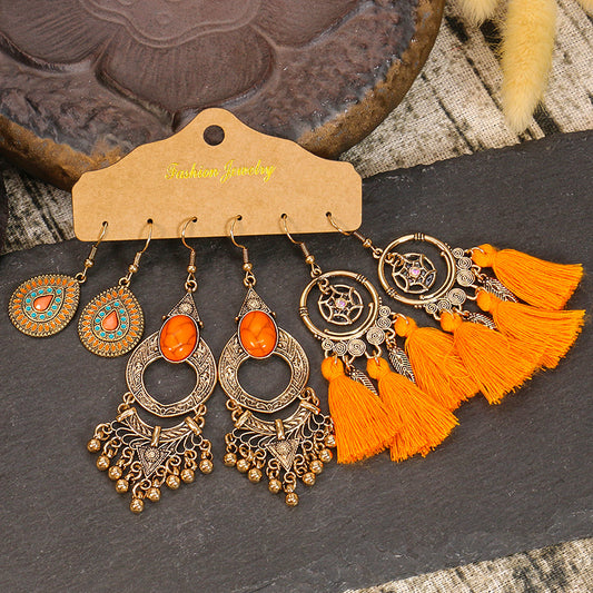 OGE03 Orange Tribal Styles Boho Earrings 3 Pairs Set