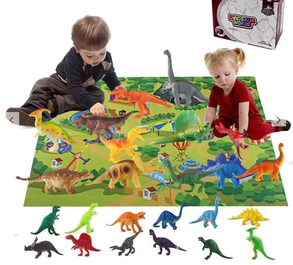 Pretend Play Dinosaur Toy Set with Jurassic World Play Mat 24 Pieces