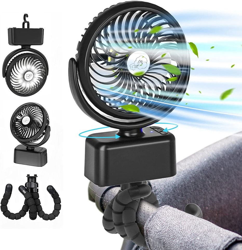 Portable Stroller Camping Fan with LED Light, Oscillation & Built Rechargeable Battery 5000mAh