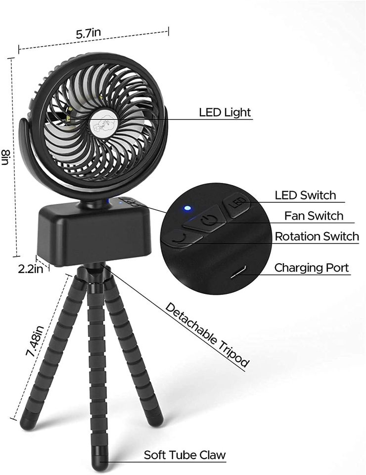 Portable Stroller Camping Fan with LED Light, Oscillation & Built Rechargeable Battery 5000mAh